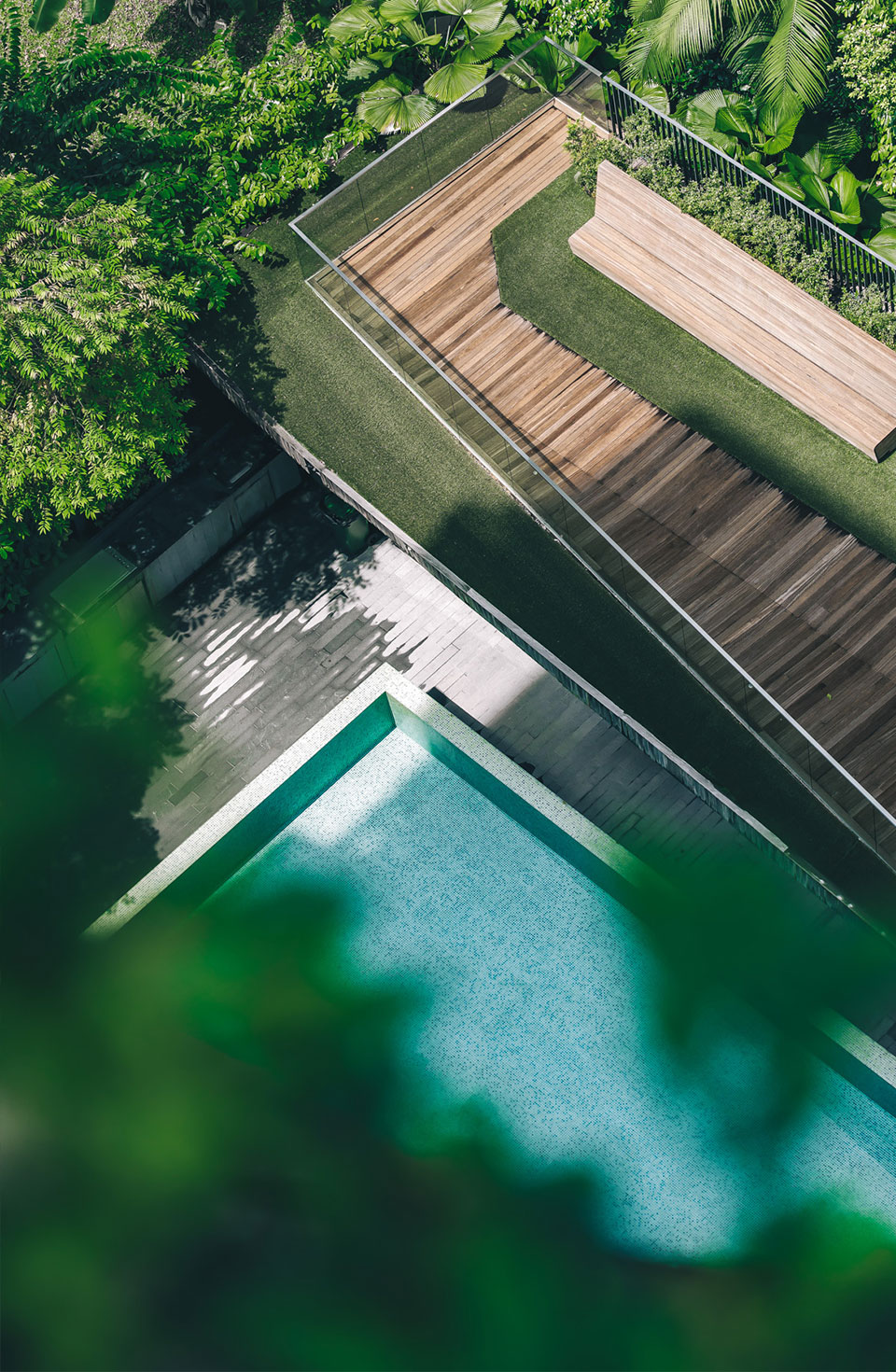 Aerial view of The Oliv's emerald lap pool bordered by timber decking and lawn
