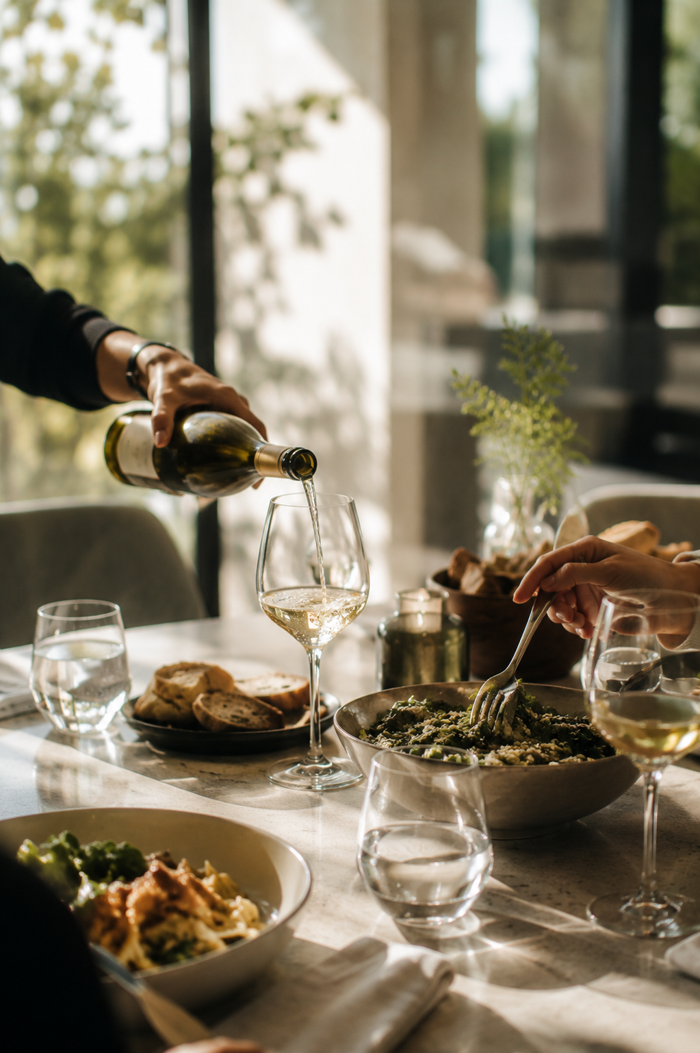 Wine being poured at an alfresco dining table in the function room