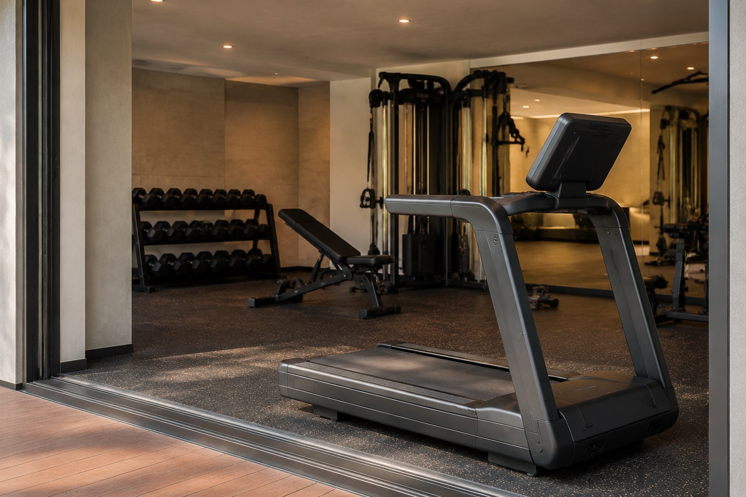 Gymnasium with a treadmill, weight bench and cable machine opening onto a wood deck